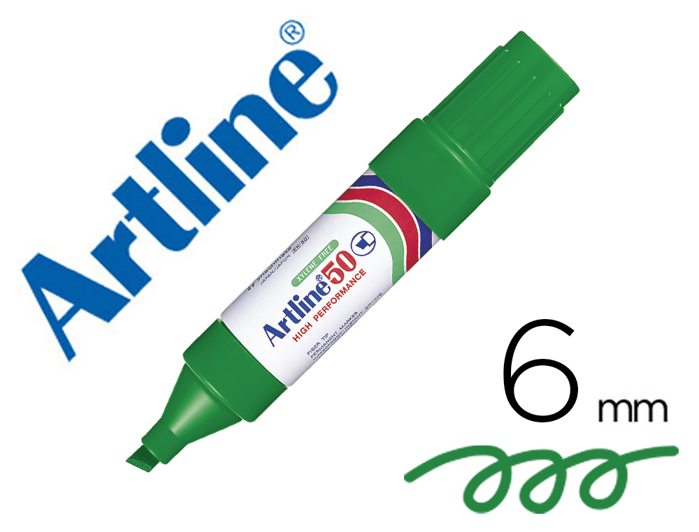 ROTULADOR ARTLINE MARCADOR PERMANENTE EK-50 VERDE -PUNTA BISELADA 6 MM -PAPEL METAL Y CRISTAL