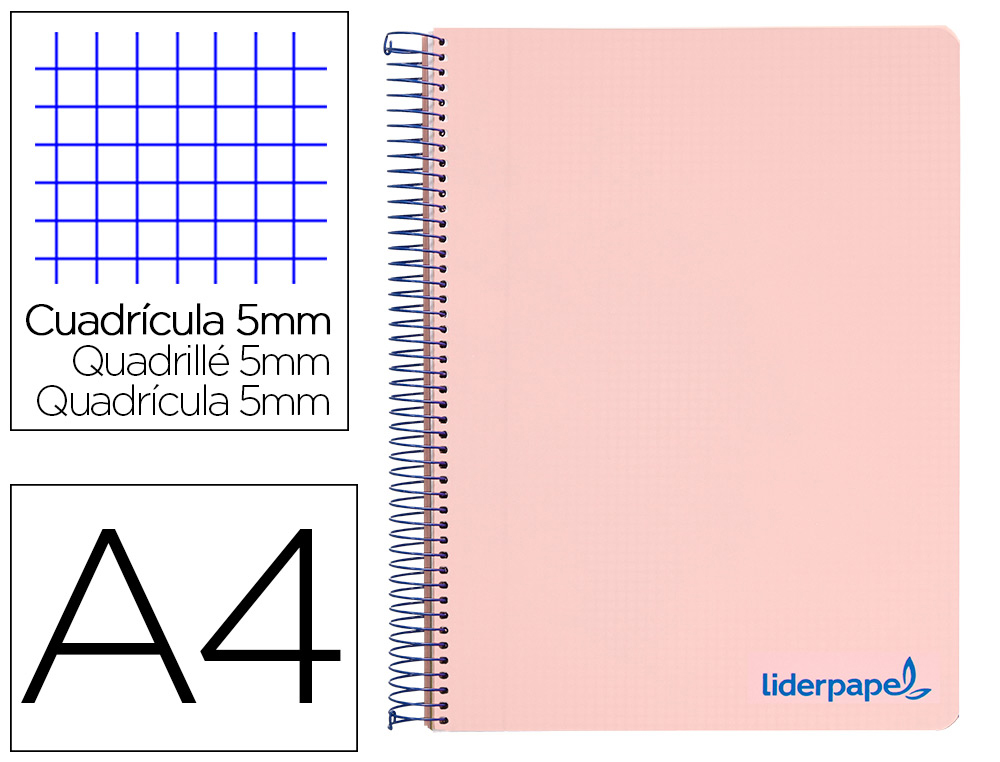 CUADERNO ESPIRAL LIDERPAPEL A4 MICRO WONDER TAPA PLASTICO 120H 90GR CUADRO 5MM 5 BANDAS 4 TALADROS COLOR ROSA