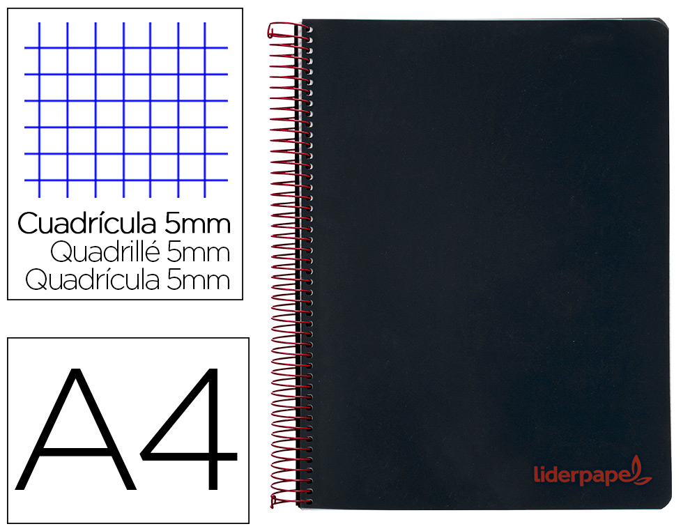 CUADERNO ESPIRAL LIDERPAPEL A4 MICRO WONDER TAPA PLASTICO 120H 90 GR CUADRO 5MM 5 BANDAS 4 TALADROS COLOR NEGRO