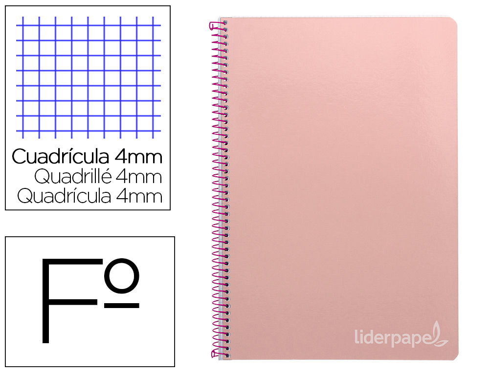 CUADERNO ESPIRAL LIDERPAPEL FOLIO WITTY TAPA DURA 80H 75GR CUADRO 4MM CON MARGEN COLOR ROSA