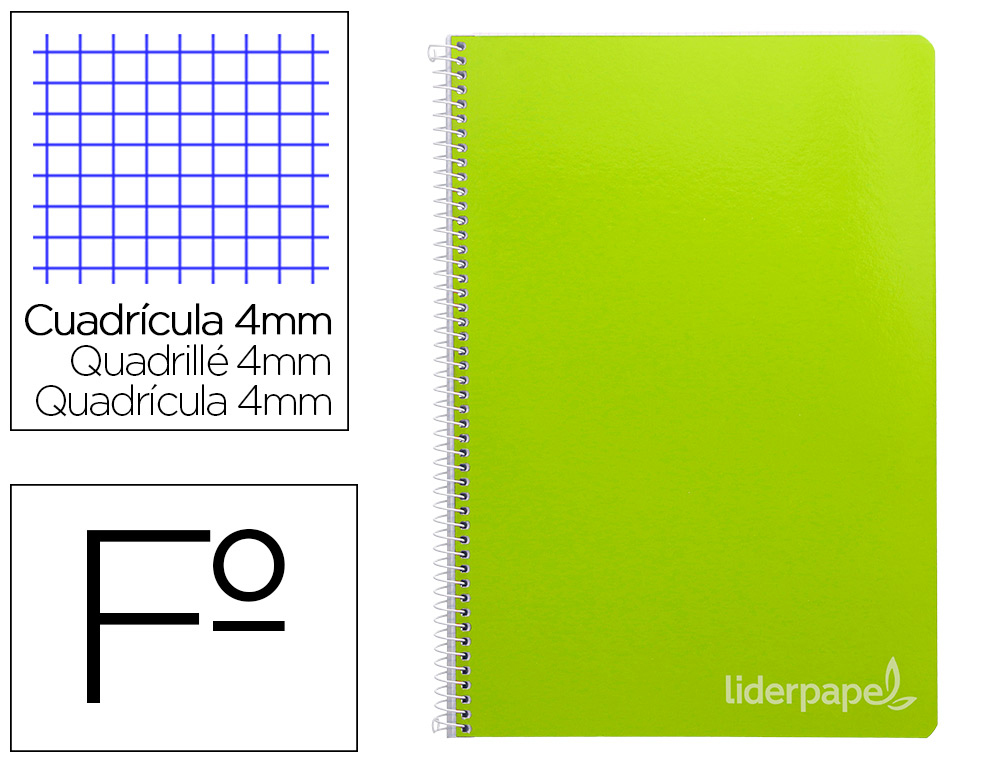 CUADERNO ESPIRAL LIDERPAPEL FOLIO WITTY TAPA DURA 80H 75GR CUADRO 4MM CON MARGEN COLOR VERDE