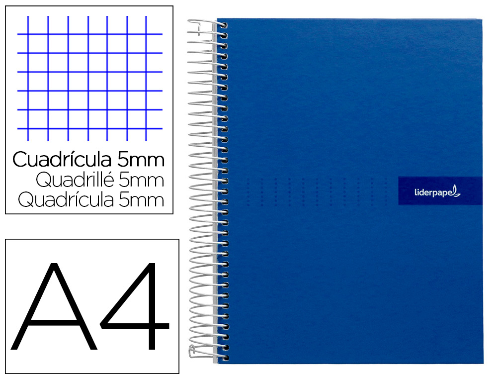 CUADERNO ESPIRAL LIDERPAPEL A4 MICRO CRAFTY TAPA FORRADA 120H 90GR CUADRO 5MM 5 BANDAS 4 COLORES COLOR AZUL