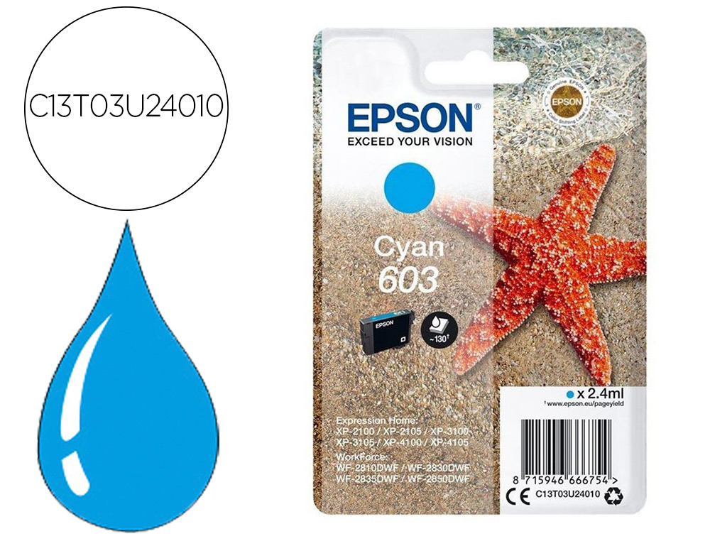 INK-JET EPSON 603 XP-2100 / 2105 / 3100 / 4100 / WF-2810 / 2830 / 2835 / 2850 CIAN 130 PAGINAS