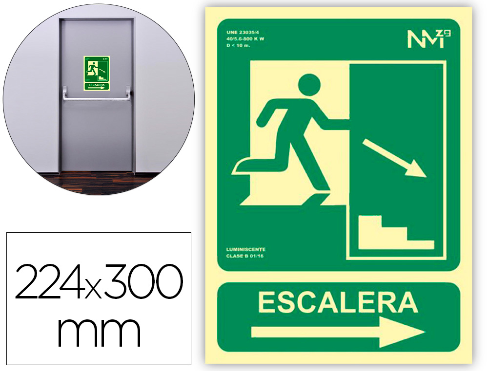 PICTOGRAMA ARCHIVO 2000 SALIDA EMERGENCIA ESCALERA BAJA DERECHA PVC VERDE LUMINISCENTE 224X300 MM