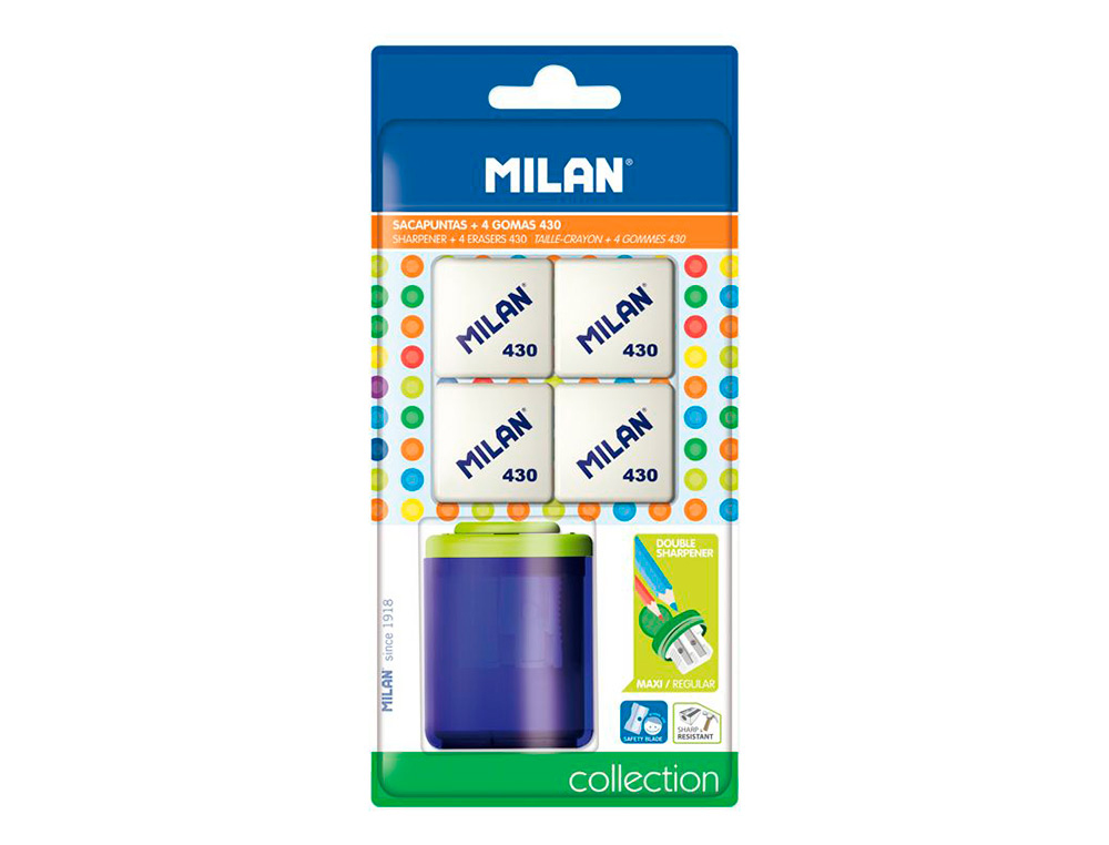 SACAPUNTAS MILAN COLLECTION PLASTICO 2 USOS + 4 GOMAS DE BORRAR 430