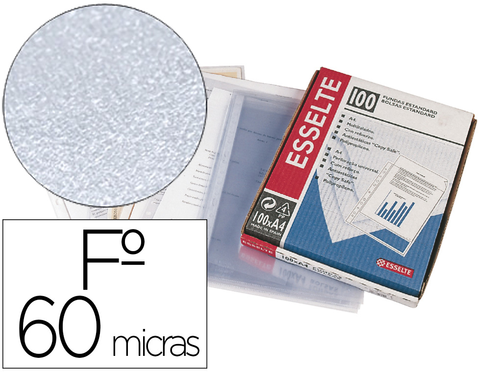 FUNDA MULTITALADRO ESSELTE FOLIO POLIPROPILENO PIEL DE NARANJA 60 MC CON REFUERZO CAJA DE 100 UNIDADES