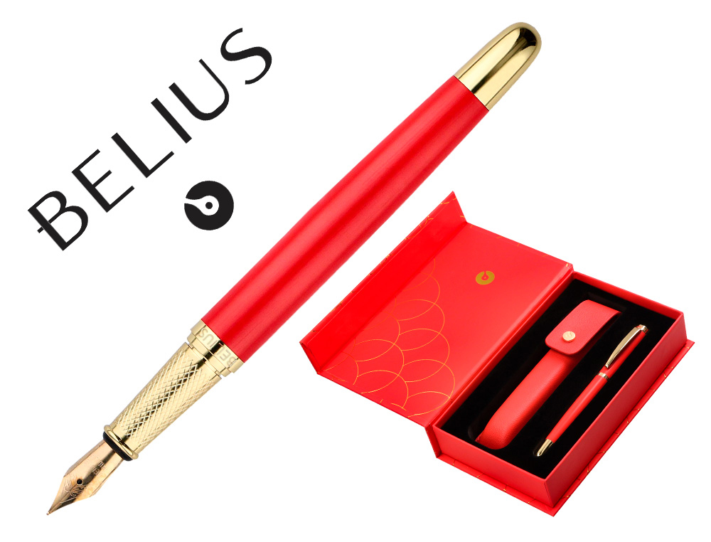 PLUMA Y ESTUCHE CUERO BELIUS PASSION DOR ALUMINIO TEXTURA CEPILLADA COLOR ROJO Y DORADO TINTA AZUL CAJA DE DISEO