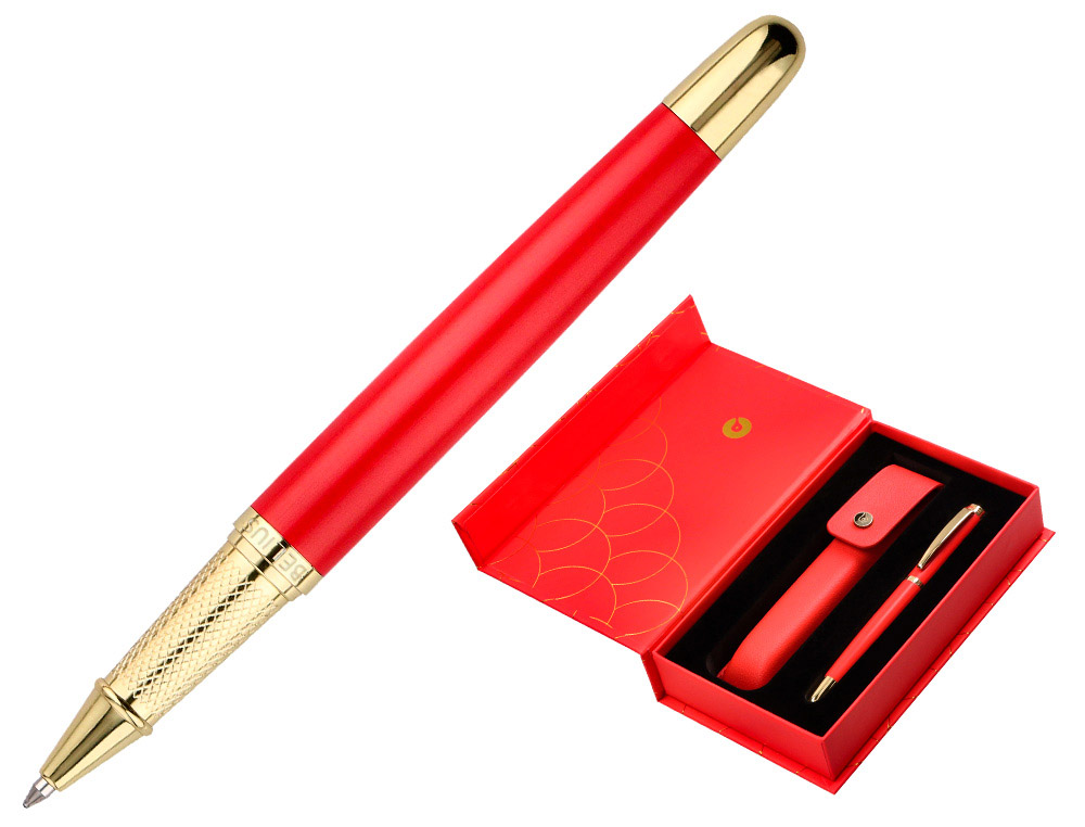BOLIGRAFO Y ESTUCHE BELIUS PASSION DOR ALUMINIO TEXTURA CEPILLADA COLOR ROJO Y DORADO TINTA AZUL CAJA DE DISEO