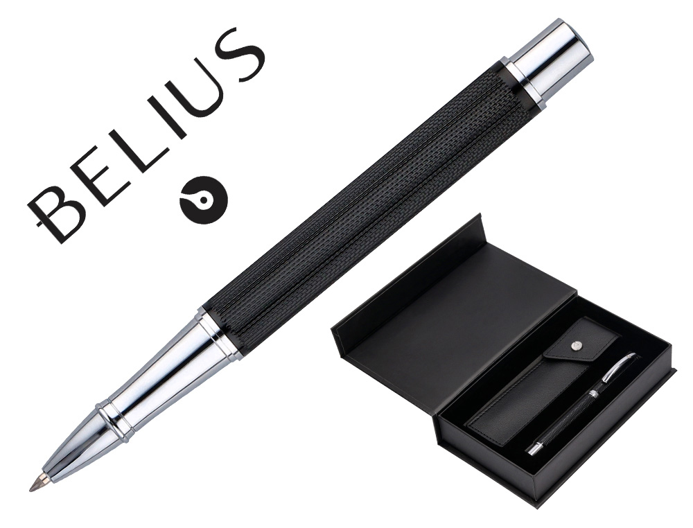 ROLLER Y ESTUCHE BELIUS TURBO ALUMINIO TEXTURA PUNTEADA NEGRO PLATEADO TINTA AZUL CAJA DE DISEO