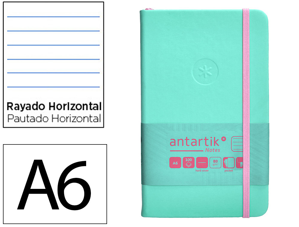 CUADERNO CON GOMILLA ANTARTIK NOTES TAPA DURA A6 HOJAS RAYAS ROSA Y TURQUESA 100 HOJAS 80 GR FSC