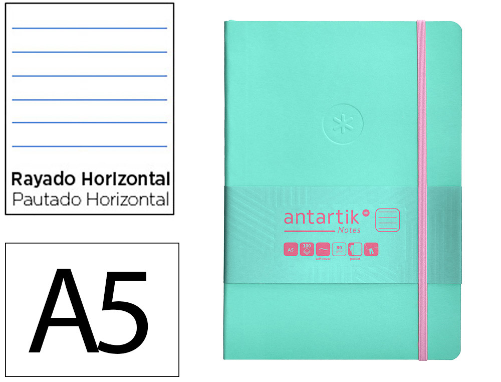 CUADERNO CON GOMILLA ANTARTIK NOTES TAPA BLANDA A5 HOJAS RAYAS ROSA Y TURQUESA 80 HOJAS 80 GR FSC