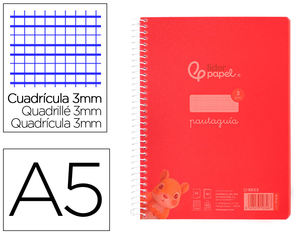 CUADERNO ESPIRAL LIDERPAPEL A5 PAUTAGUIA TAPA PLASTICO 80H 90GR CUADRO PAUTADO 3 MM CON MARGEN COLOR ROJO