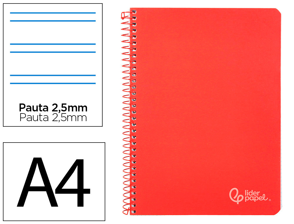 CUADERNO ESPIRAL LIDERPAPEL A4 WITTY TAPA DURA 80H 90GR PAUTA 2,5MM CON MARGEN COLOR ROJO
