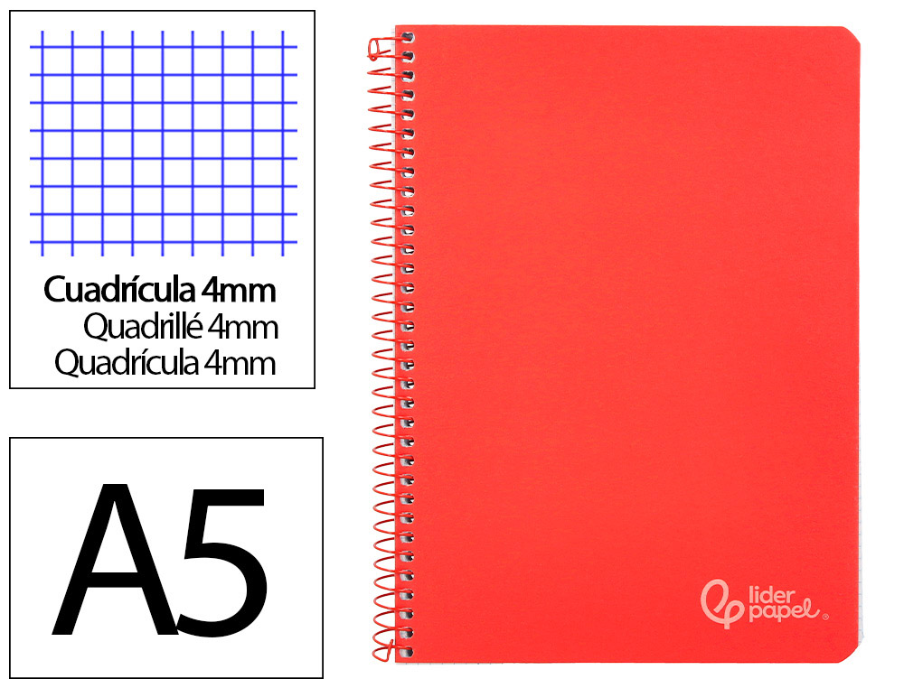 CUADERNO ESPIRAL LIDERPAPEL A5 WITTY TAPA DURA 80H 90GR CUADRO 4MM CON MARGEN COLOR ROJO