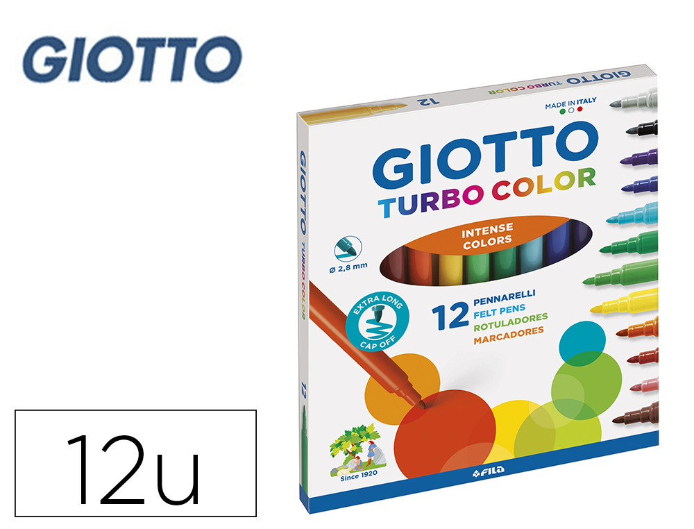 ROTULADOR GIOTTO TURBO COLOR CAJA DE 12 COLORES LAVABLES CON PUNTA BLOQUEADA