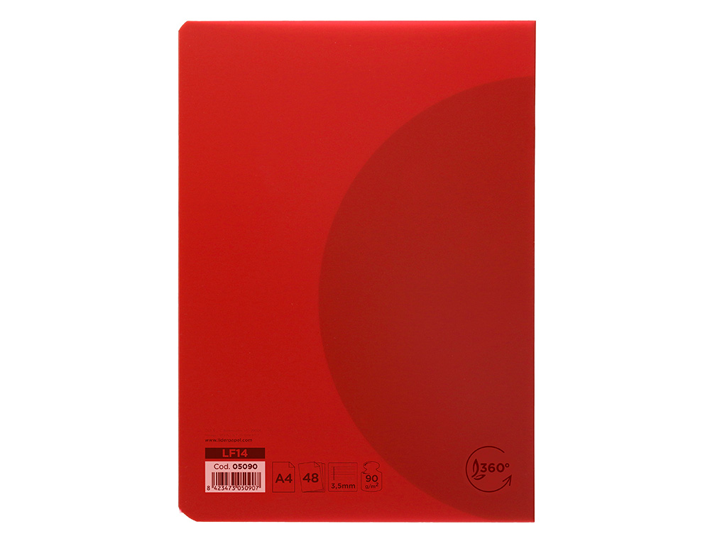 LIBRETA LIDERPAPEL 360 TAPA DE PLASTICO A4 48 HOJAS 90G/M2 PAUTA 4 3,5MM CON MARGEN COLORES SURTIDOS