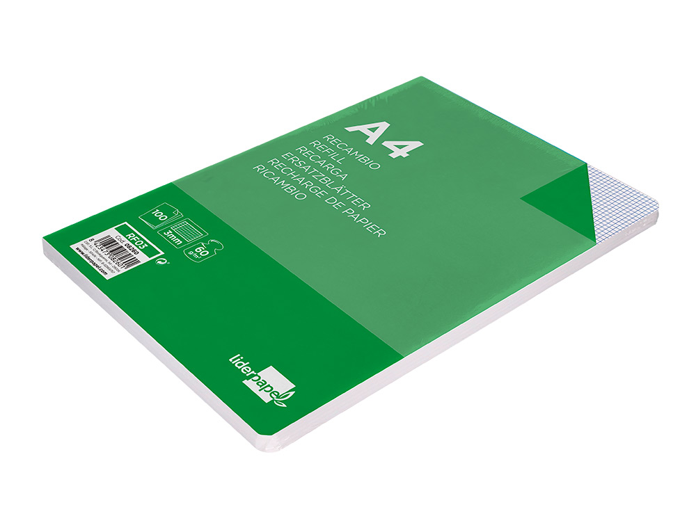 RECAMBIO LIDERPAPEL A4 100 HOJAS 60G/M2 CUADRO 3 MM CON MARGEN 4 TALADROS