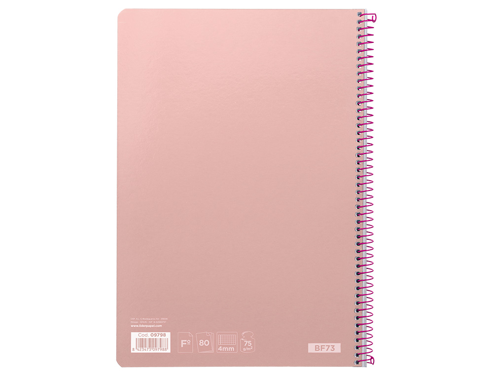 CUADERNO ESPIRAL LIDERPAPEL FOLIO WITTY TAPA DURA 80H 75GR CUADRO 4MM CON MARGEN COLOR ROSA