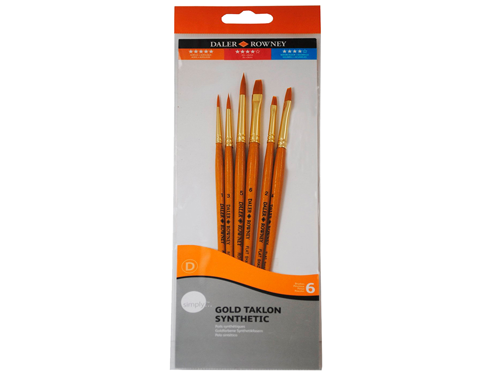PINCELES DALER ROWNEY SIMPLY ART SINTENTICO MANGO CORTO DORADO BLISTER DE 6 UNIDADES