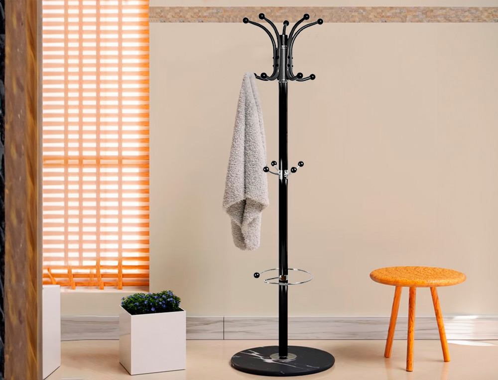 PERCHERO METALICO Q-CONNECT NEGRO DE PIE 10 COLGADORES Y PARAGUERO 174X40 CM