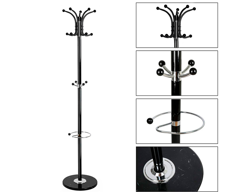 PERCHERO METALICO Q-CONNECT NEGRO DE PIE 10 COLGADORES Y PARAGUERO 174X40 CM