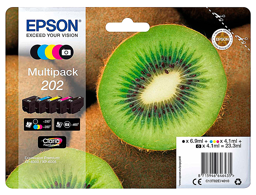 INK-JET EPSON 202 XL XP-6000 / XP-6005 / XP-6100 / XP-6105 PACK 5 NEGRO AMARILLO CIAN MAGENTA PHOTO NEGRO 650 PAG