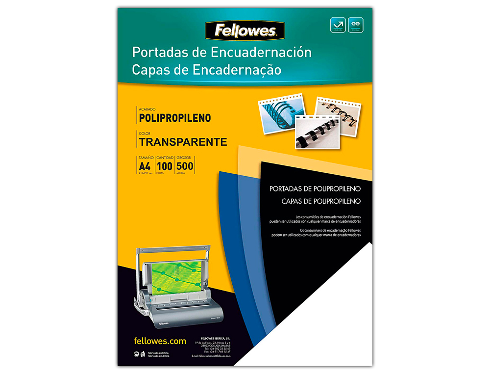 TAPA DE ENCUADERNACION FELLOWES DIN A4 POLIPROPILENO NEGRO 500 MICRAS PACK DE 100 UNIDADES