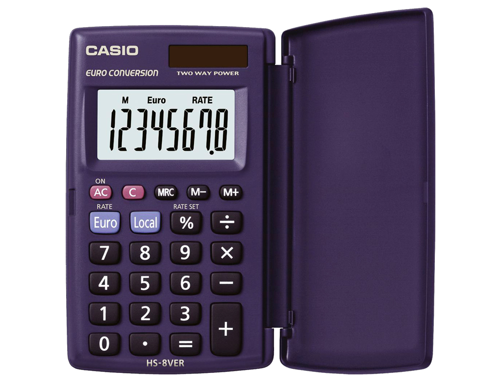 CALCULADORA CASIO HS-8VER BOLSILLO 8 DIGITOS CONVERSION MONEDA CON TAPA COLOR AZUL