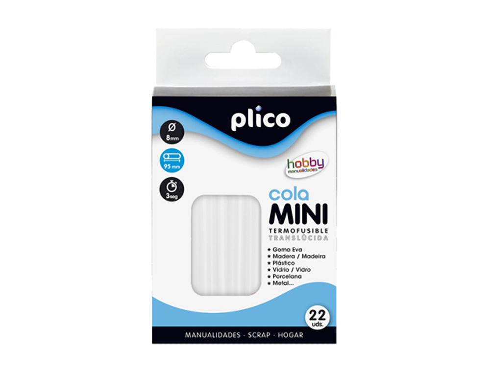 BARRA TERMOFUSIBLE PLICO MINI TRANSLUCIDA 8 MM DE DIAMERO X 100 MM DE ALTO BLISTER 22 UNIDADES