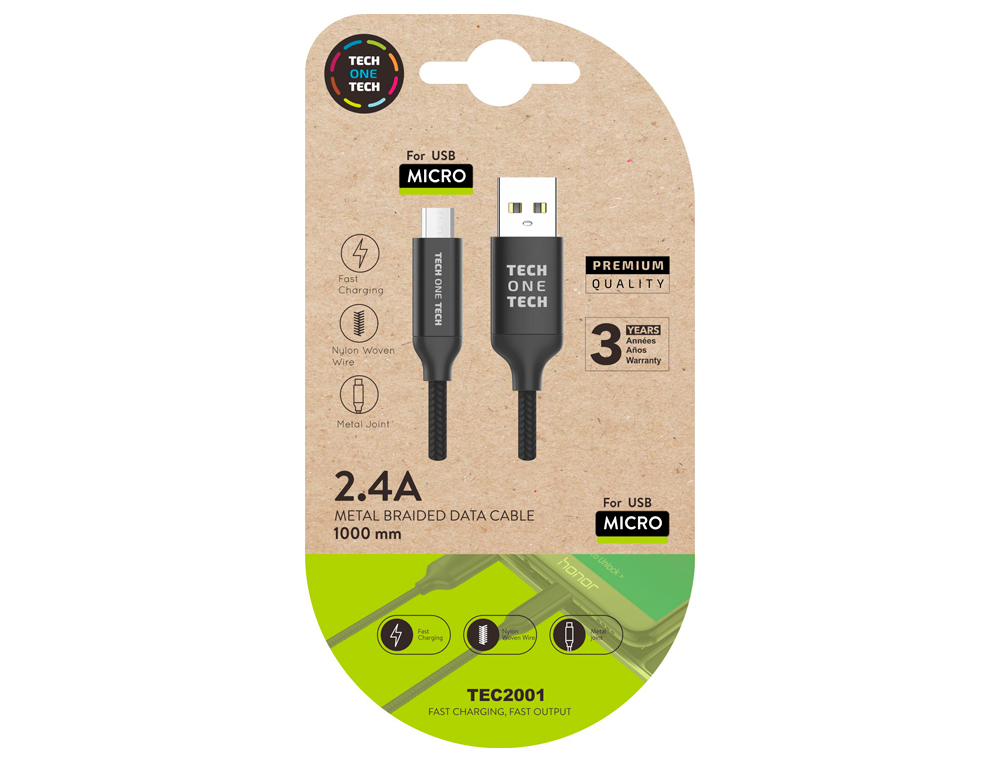 CABLE USB 2.4 TECH ONE TECH BRAIDED NYLON TIPO USB ANDROID MICRO USB LONGITUD 1 MT COLOR NEGRO