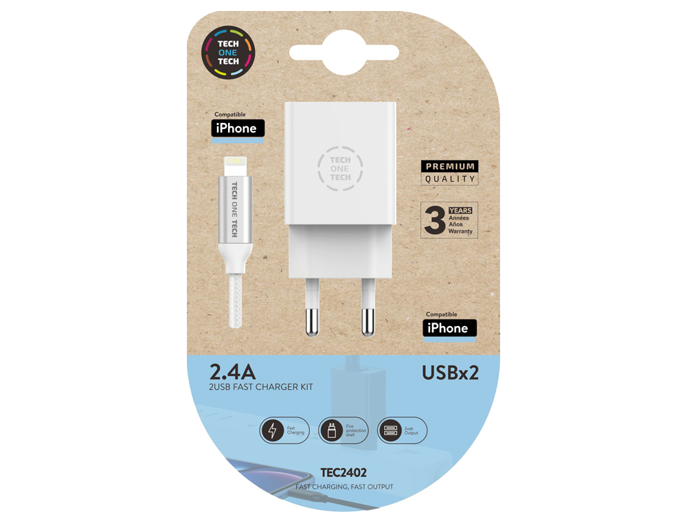 CARGADOR DOBLE BLANCO+CABLE BRAIDED NYLON LIGHTNING (PARA APPLE), ALTO RENDIMIENTO2,4