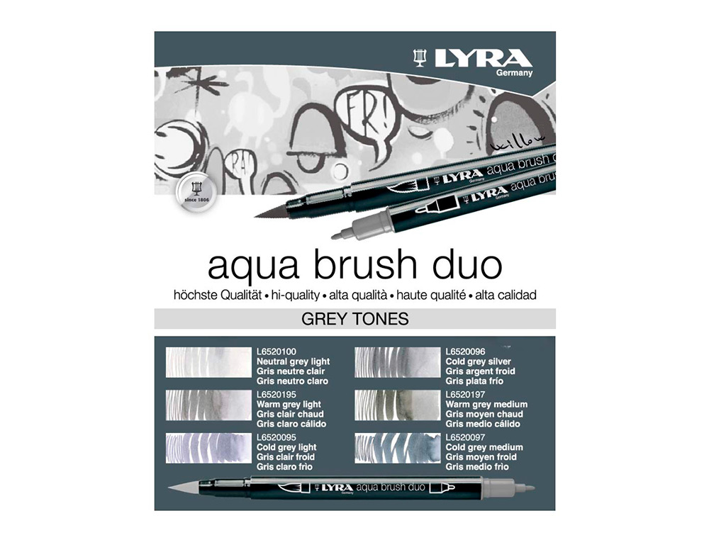 ROTULADOR LYRA AQUA BRUSH ACUARELABLE DOBLE PUNTA Y PINCEL TONOS GRISES BLISTER DE 6 UNIDADES SURTIDAS