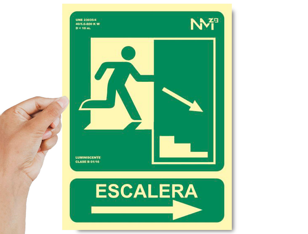 PICTOGRAMA ARCHIVO 2000 SALIDA EMERGENCIA ESCALERA BAJA DERECHA PVC VERDE LUMINISCENTE 224X300 MM