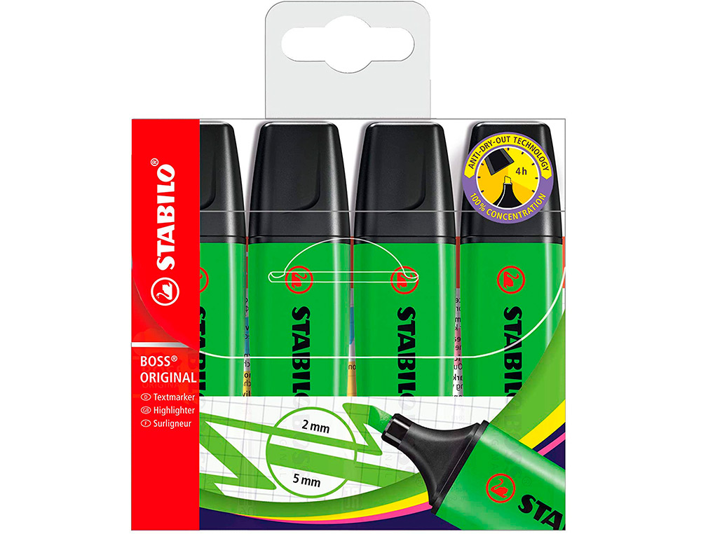 ROTULADOR STABILO BOSS FLUORESCENTE 70 VERDE ESTUCHE DE 4 UNIDADES
