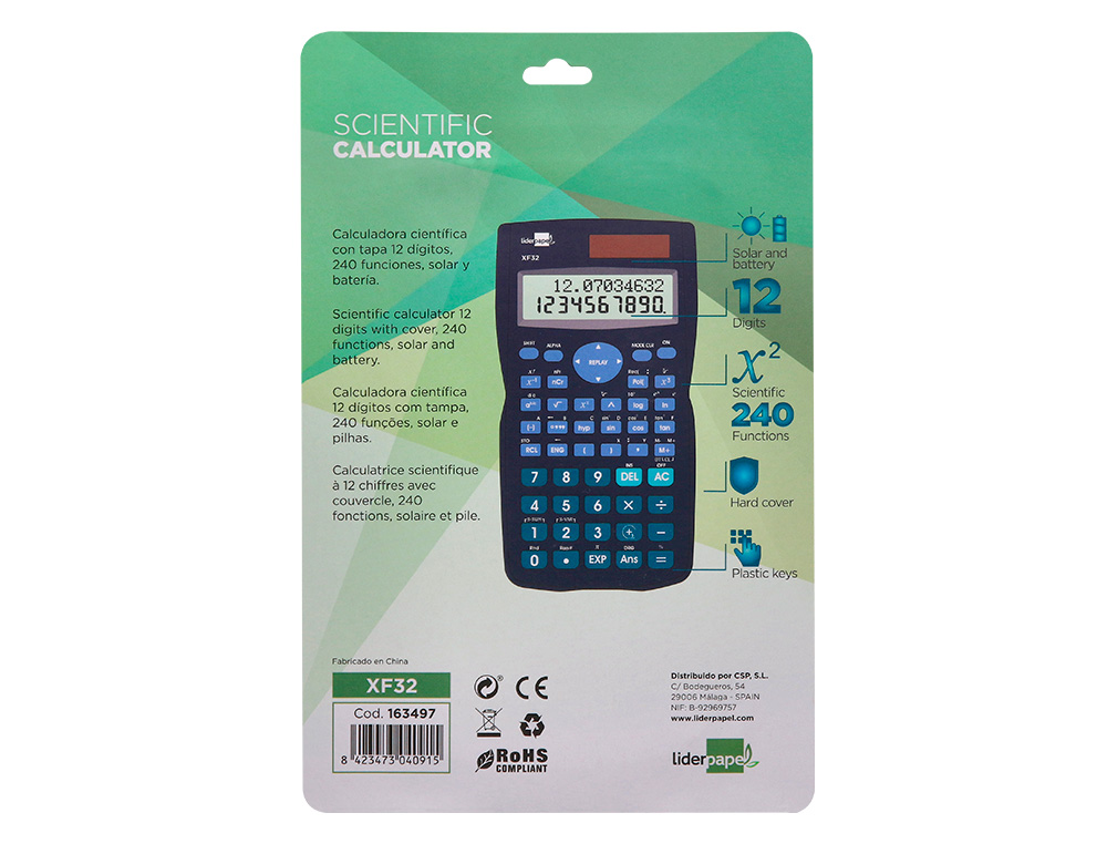 CALCULADORA LIDERPAPEL CIENTIFICA XF32 12 DIGITOS 240 FUNCIONES CON TAPA SOLAR Y PILAS COLOR AZUL 156X85X20