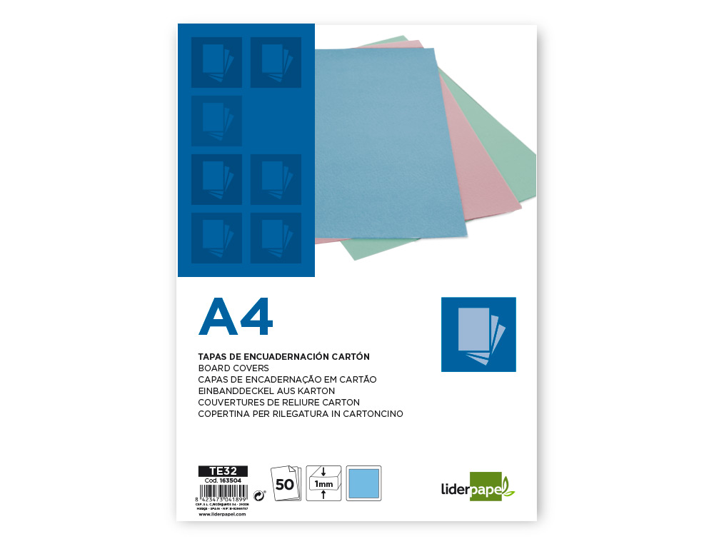 TAPA ENCUADERNACION LIDERPAPEL CARTON A4 1 MM CELESTE PAQUETE DE 50 UNIDADES