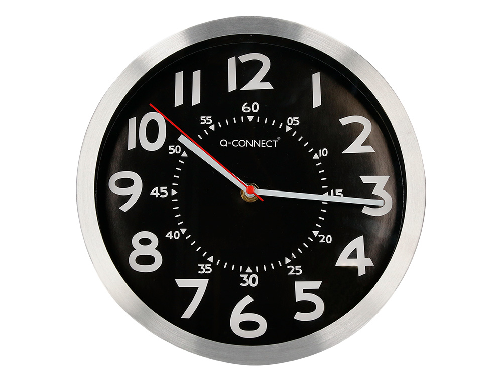 RELOJ Q-CONNECT DE PARED METALICO REDONDO 25 CM MOVIMIENTO SILENCIOSO COLOR NEGRO CON ESFERA CROMADO