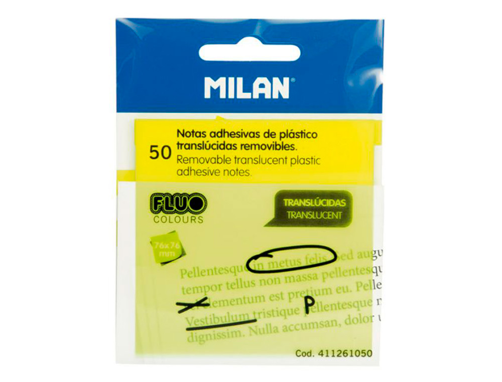 BLOC DE NOTAS ADHESIVAS QUITA Y PON MILAN 76X76 MM REMOVIBLE PLASTICO TRANSLUCIDO AMARILLO FLUOR 50 HOJAS