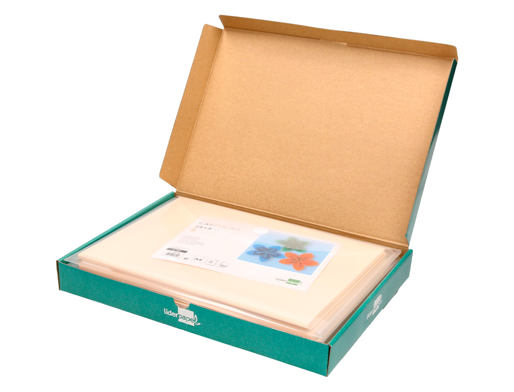 CARTULINA LIDERPAPEL A4 180G/M2 CREMA PAQUETE DE 25+5 HOJAS EN CARPETA DOSSIER TRANSPARENTE CON CIERRE VELCRO