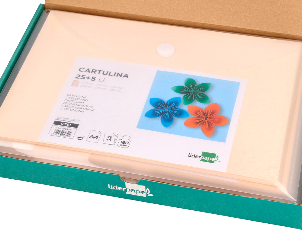 CARTULINA LIDERPAPEL A4 180G/M2 CREMA PAQUETE DE 25+5 HOJAS EN CARPETA DOSSIER TRANSPARENTE CON CIERRE VELCRO