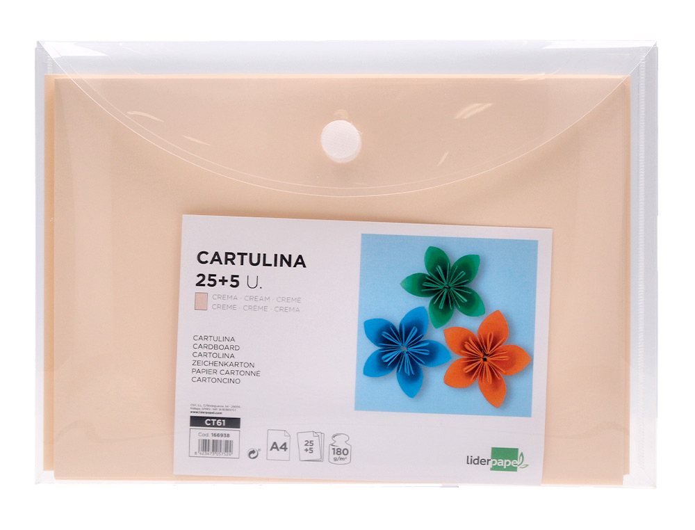 CARTULINA LIDERPAPEL A4 180G/M2 CREMA PAQUETE DE 25+5 HOJAS EN CARPETA DOSSIER TRANSPARENTE CON CIERRE VELCRO