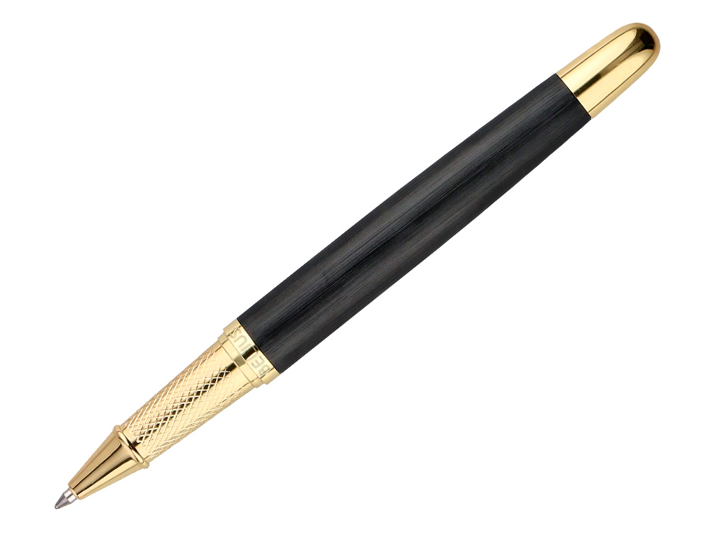 BOLIGRAFO Y ESTUCHE BELIUS PASSION DOR ALUMINIO TEXTURA CEPILLADA COLOR NEGRO Y DORADO TINTA AZUL CAJA DISEÑO