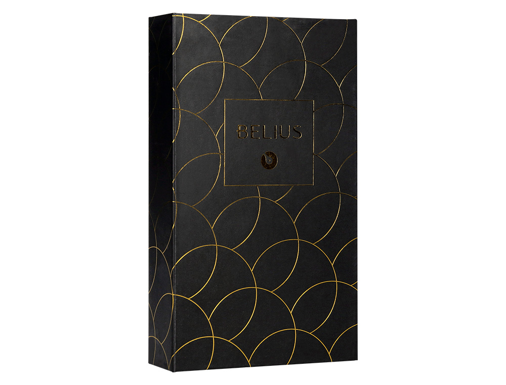 BOLIGRAFO Y ESTUCHE BELIUS PASSION DOR ALUMINIO TEXTURA CEPILLADA COLOR NEGRO Y DORADO TINTA AZUL CAJA DISEÑO