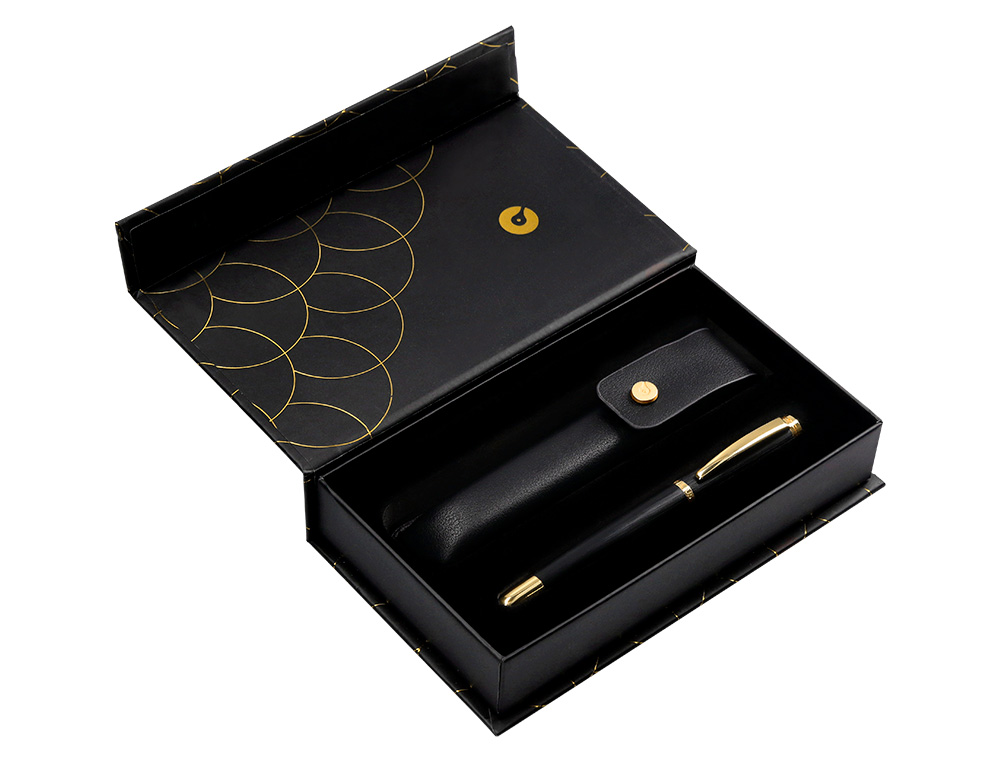 BOLIGRAFO Y ESTUCHE BELIUS PASSION DOR ALUMINIO TEXTURA CEPILLADA COLOR NEGRO Y DORADO TINTA AZUL CAJA DISEÑO