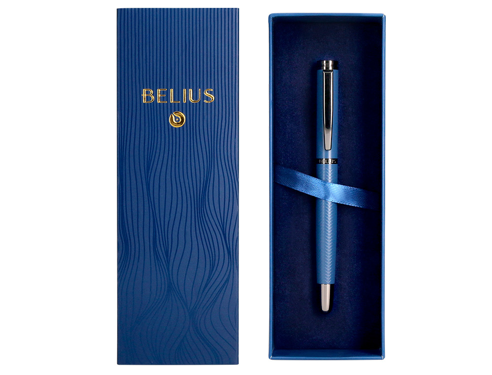 PLUMA BELIUS NEPTUNO ALUMINIO TEXTURA WAVY COLOR AZUL MARINO TINTA AZUL CAJA DE DISEO