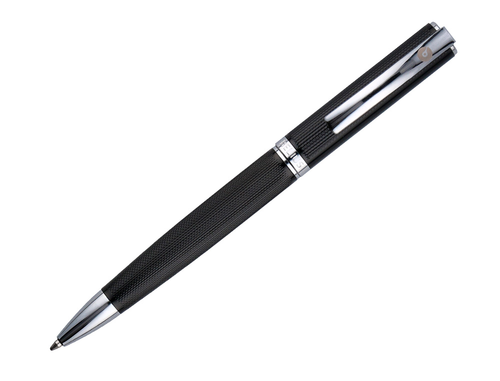BOLIGRAFO Y ESTUCHE BELIUS TURBO ALUMINIO TEXTURA PUNTEADA NEGRO Y PLATEADO TINTA AZUL CAJA DE DISEÑO
