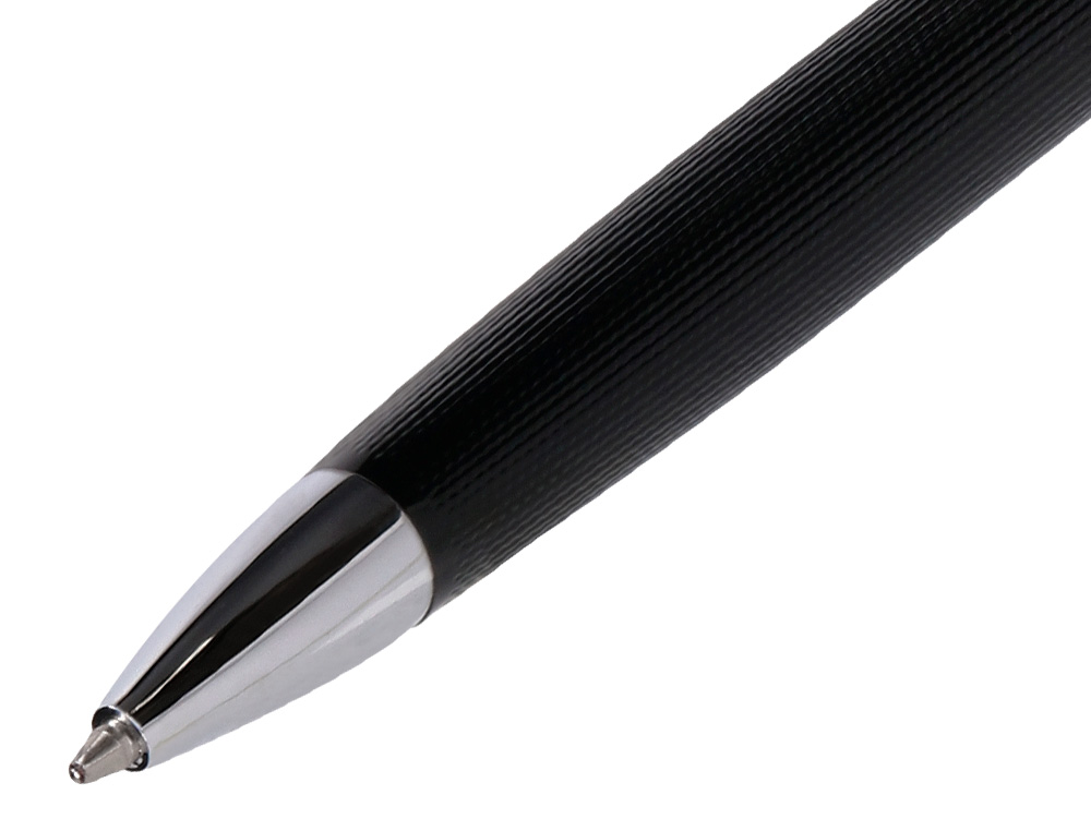 BOLIGRAFO Y ESTUCHE BELIUS TURBO ALUMINIO TEXTURA PUNTEADA NEGRO Y PLATEADO TINTA AZUL CAJA DE DISEÑO
