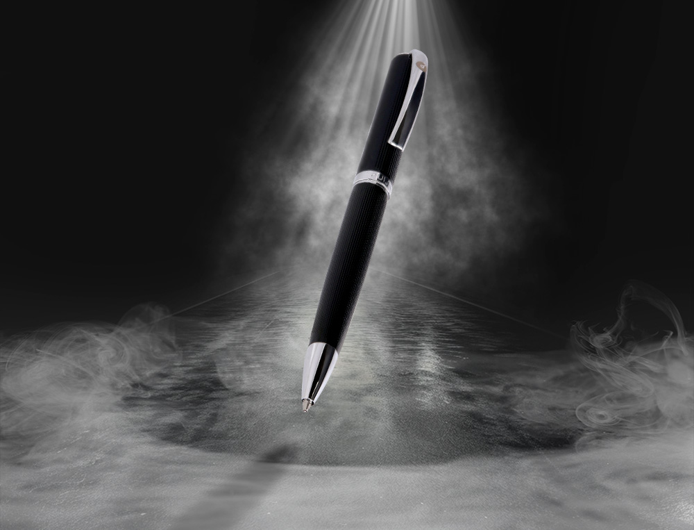 BOLIGRAFO Y ESTUCHE BELIUS TURBO ALUMINIO TEXTURA PUNTEADA NEGRO Y PLATEADO TINTA AZUL CAJA DE DISEÑO