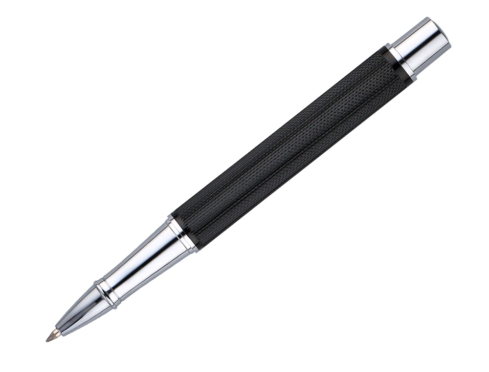 ROLLER Y ESTUCHE BELIUS TURBO ALUMINIO TEXTURA PUNTEADA NEGRO PLATEADO TINTA AZUL CAJA DE DISEÑO