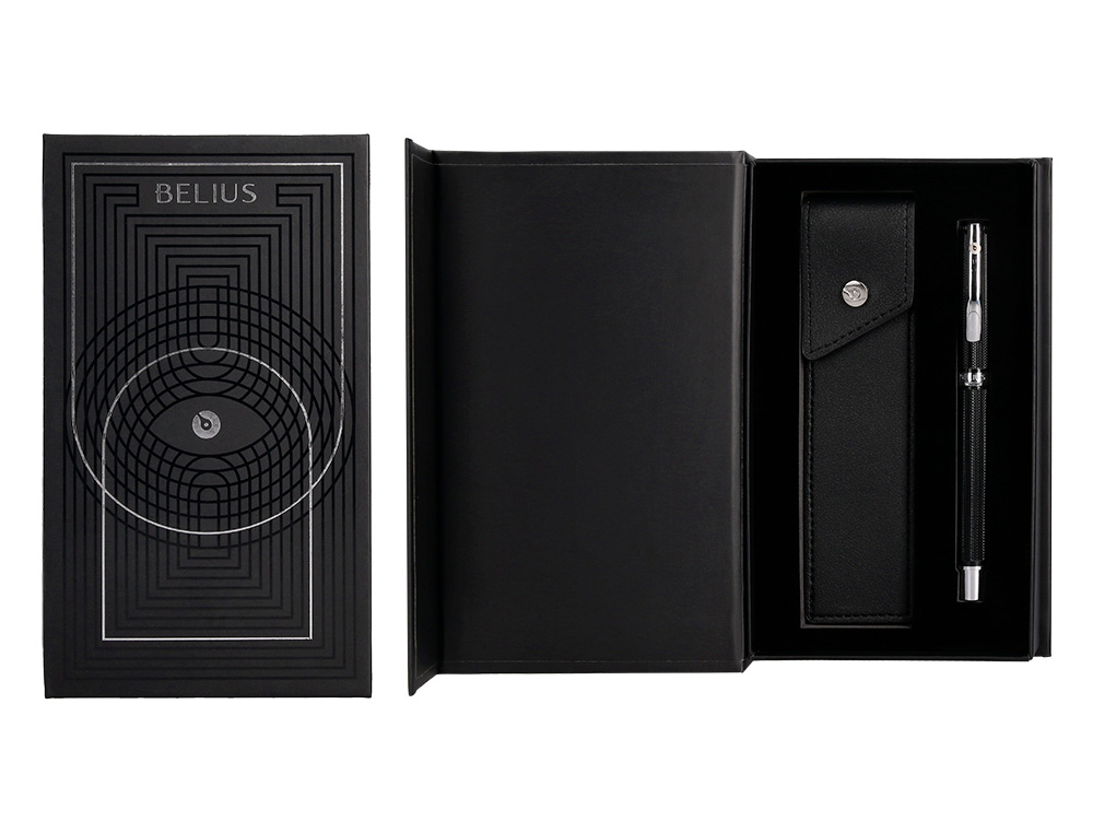 ROLLER Y ESTUCHE BELIUS TURBO ALUMINIO TEXTURA PUNTEADA NEGRO PLATEADO TINTA AZUL CAJA DE DISEÑO